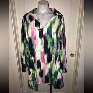 For Cynthia Linen Shirt Top Gorgeous Green Pink Black Size 1X Sophisticated Chic